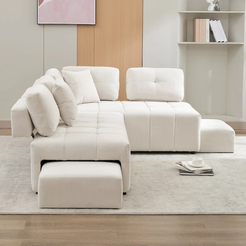 91.73 L-Shaped 4-Seat Sectional Sofa with 2 Hidden Stools, 2 Removable Lumbar Cushions, and Durable Chenille Fabric
