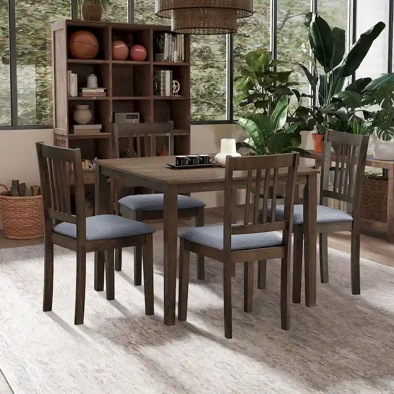 Kitchen Breakfast Nook Dining Table Chairs Set Square Wooden Dining Table Casual Dining Table with 4 Upholstered Dining Chairs