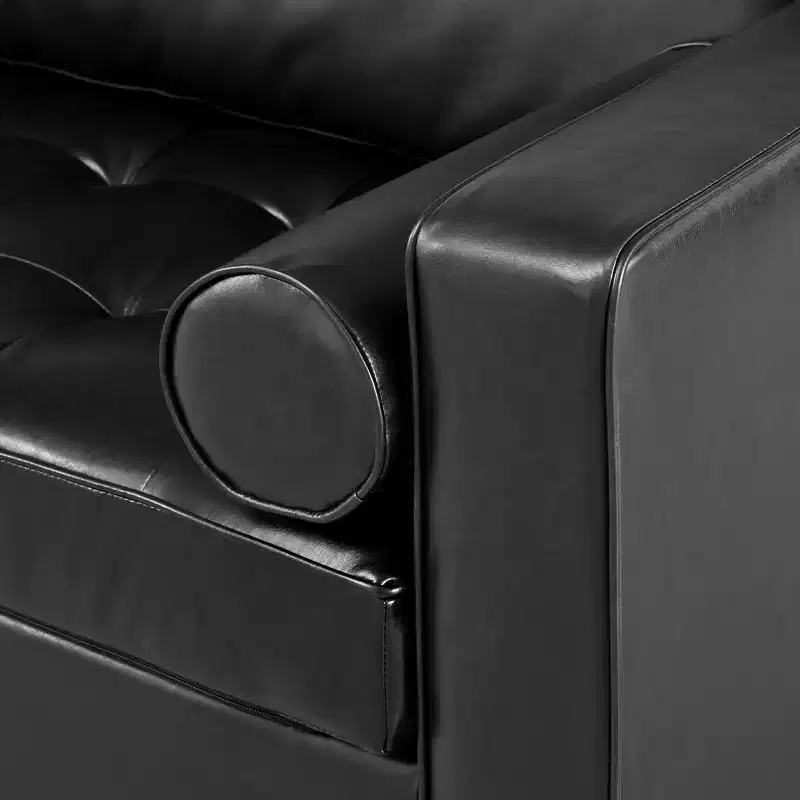 Whisen PU Leather 3-Seat Sofa, Mid-Century Modern Sofa Couch with Tufted Design, Solid Wood Legs, 2 Bolster Pillows