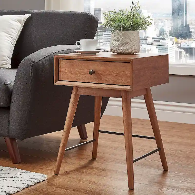 Mid-Century Modern Wood End Table with 1 Drawer, Compact Nightstand Side Table