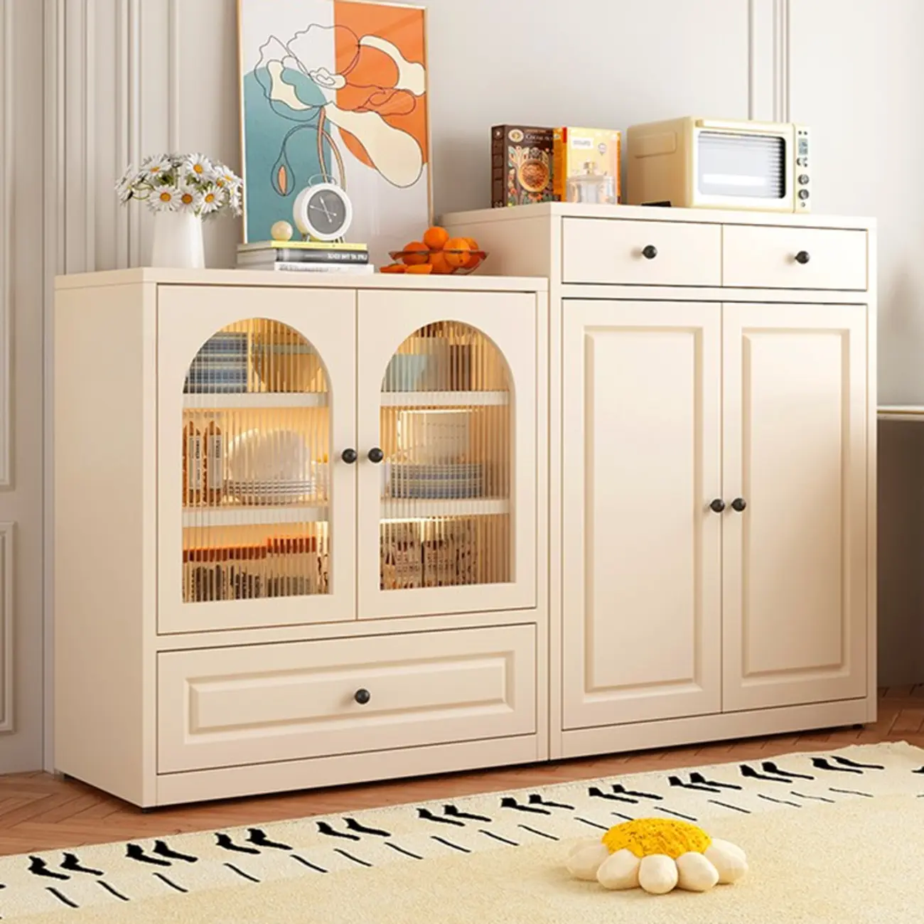 Narrow Metal White Buffet Cabinet with Drawer