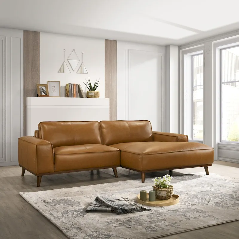 Mid-Century Modern Genuine Leather Sectional Sofa with High-Density Foam, Removable Legs for Living Room