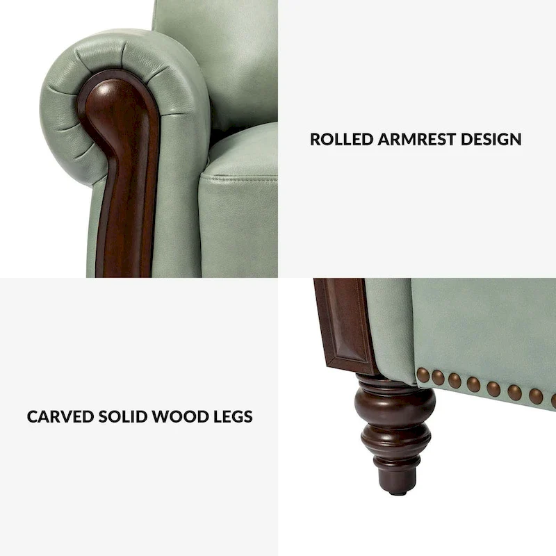 84 Traditional Genuine Leather Sofa with Carved Wood Legs