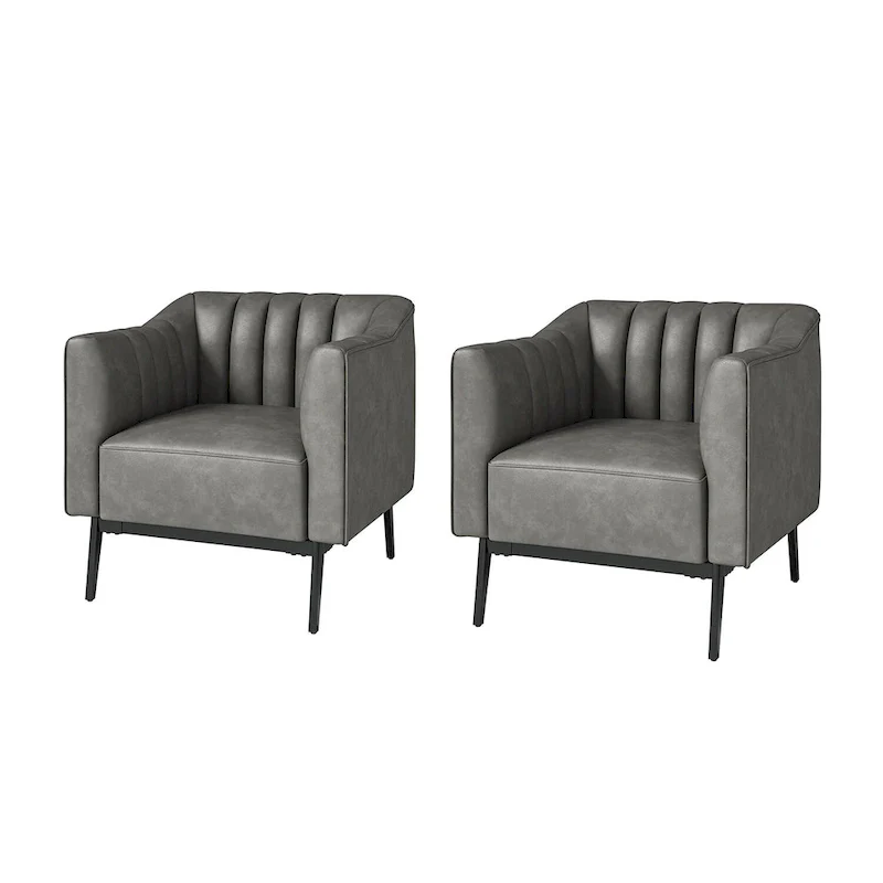 Channel Tufted PU Leather Accent Chair, Navy/Grey/Camel/Brown/Black, Metal Legs, Set of 2