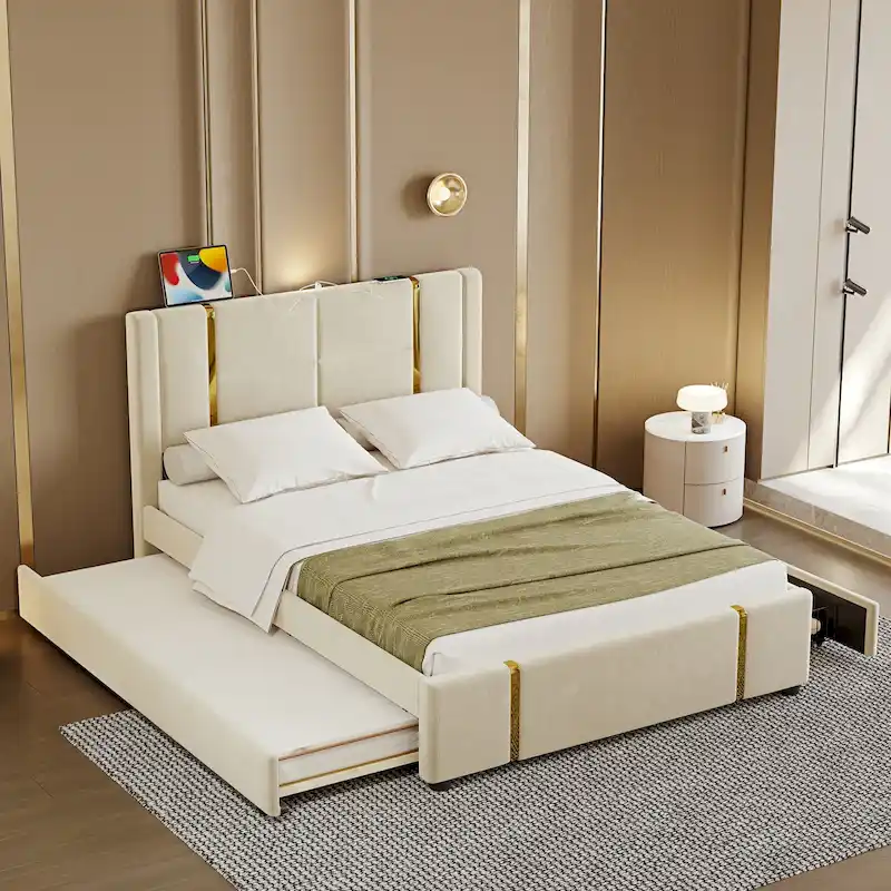 Queen Size Upholstered Bed with Trundle and 2 Drawers Beige Velvet Platform Bed with USB Charger Night Light