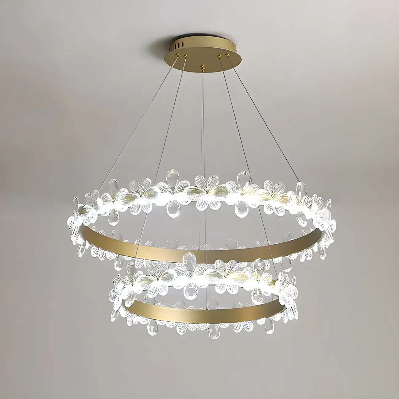 Modern Gold Dimmable LED Flower Crystal Ring Chandelier