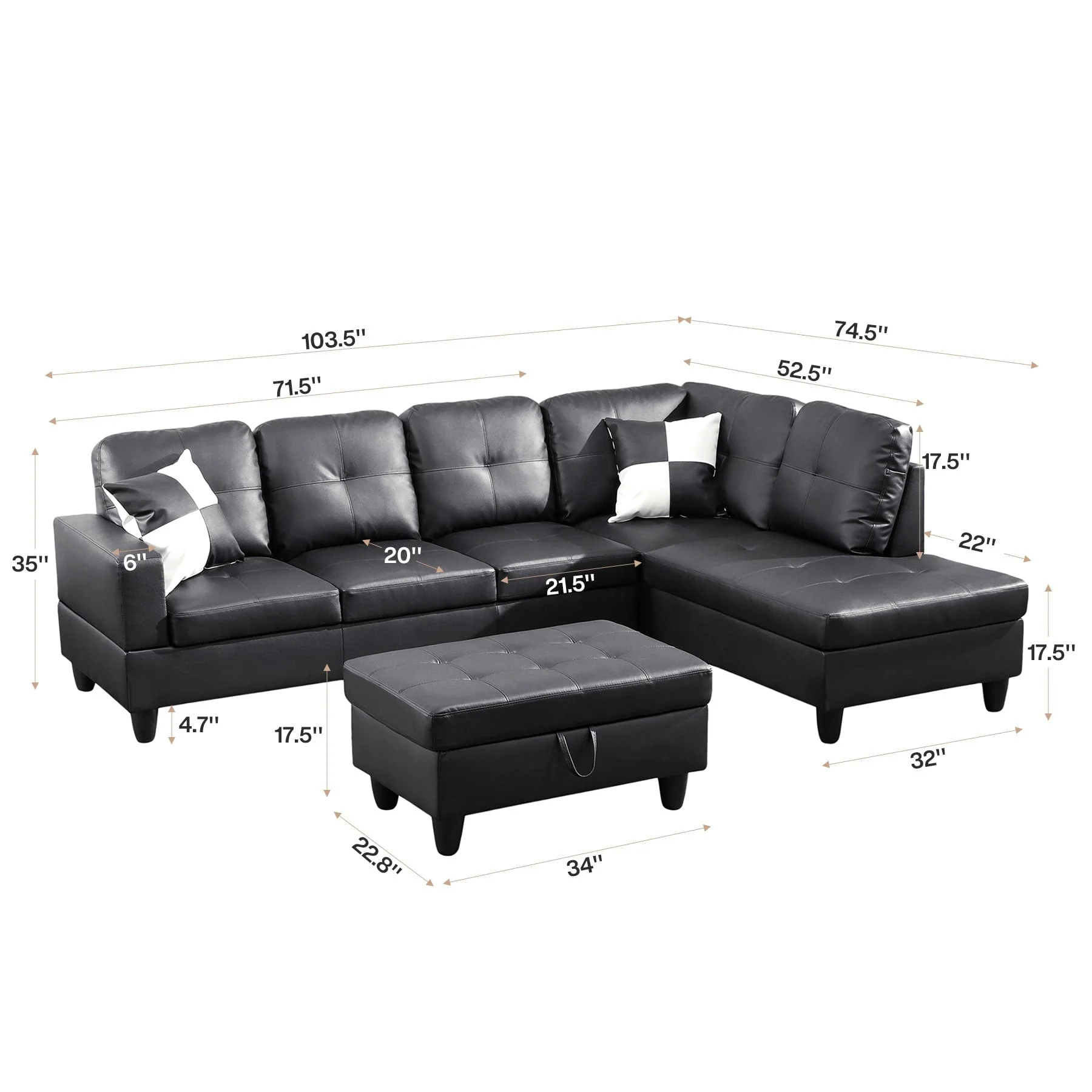 Semi PU Synthetic Leather 3-Piece Couch Living Room Sofa Set