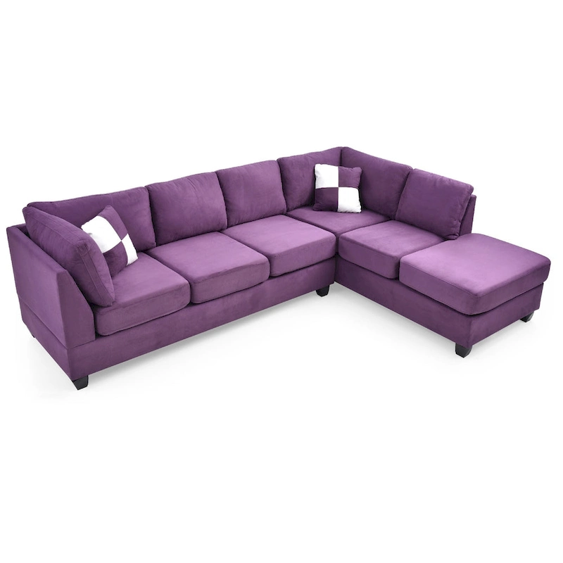 Reversible Microsuede 4-Seater Sectional Sofa with Throw Pillows - 111 - Purple