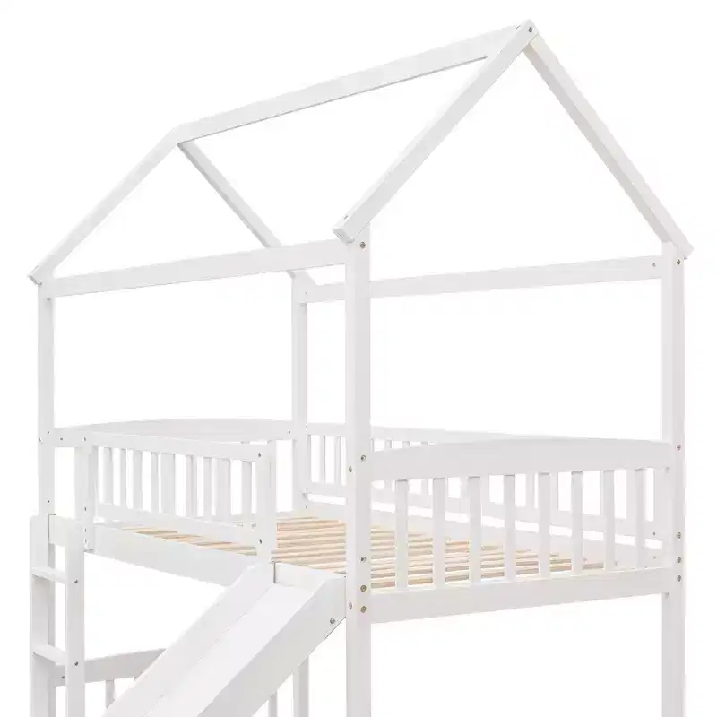 Twin House Loft Bed with Slide, Wood Playhouse Loft Bed Frame with Ladder and Roof