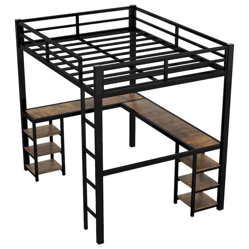 Full Metal Loft Bed with Desk and Shelves, Loft Bed with Ladder and Guardrails, Loft Bed Frame