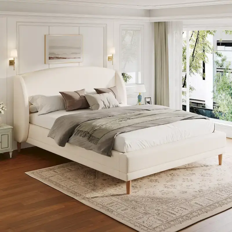 White Platform Bed, Boucle Fabric Upholstered Frame Rounded Corners Headboard Wingback Bed with Wood Slat and Center Metal Legs