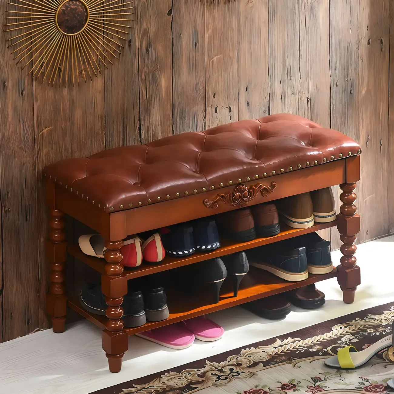 Victorian Solid Wood Flip-Top Shoe Storage Entryway Bench