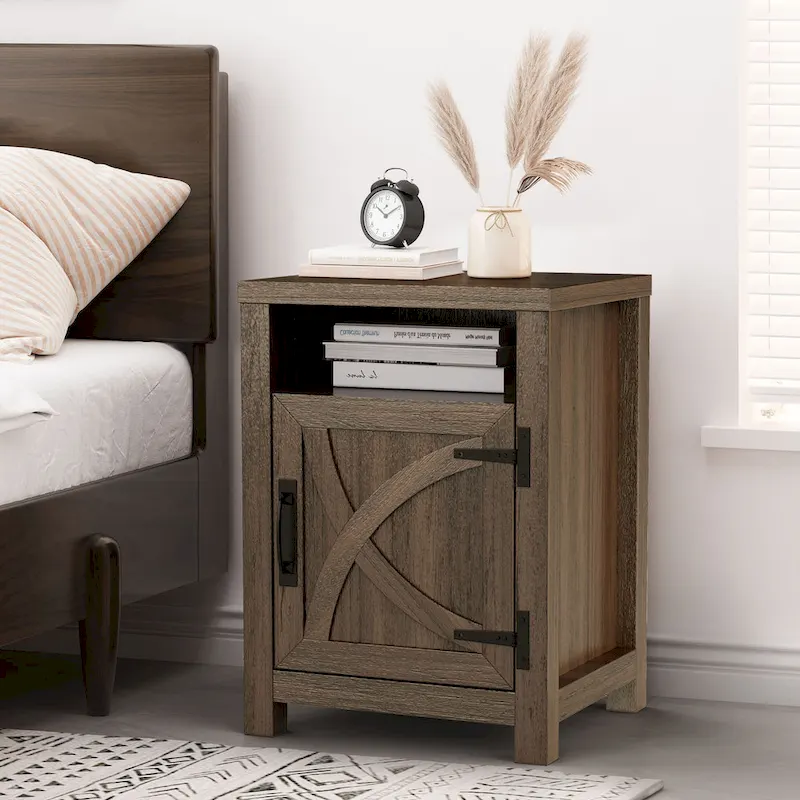 Walnut Barn Door Sofa End Table Nightstand Bedside Table with Storage Shelf