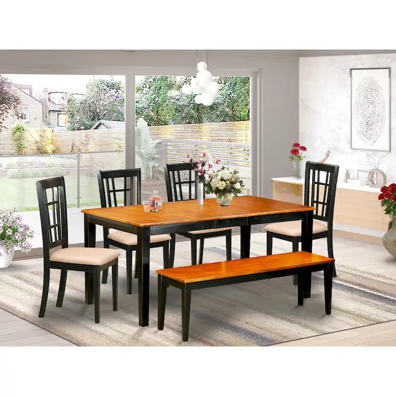 East West Furniture Dining Table Set Contains a Rectangle Table and Dining Chairs with a Bench (Chair Seat Type Options)