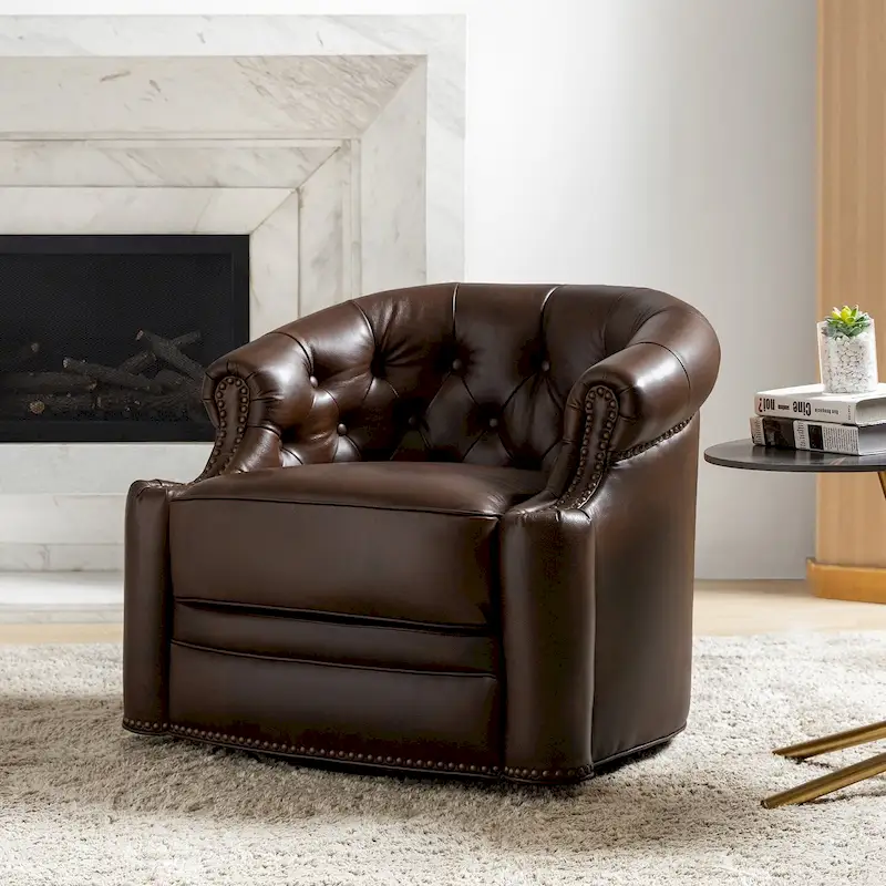 Felipe Modern Genuine Leather Swivel Chair With Tufted Back By HULALA HOME