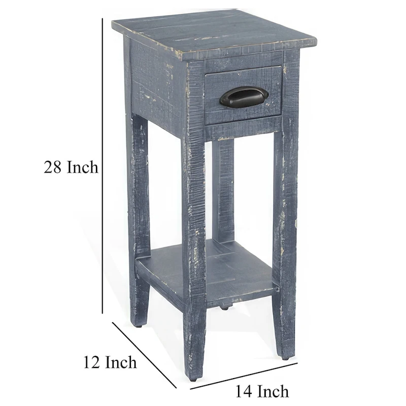 Rena Chairside Table with Drawer and Shelf, 14 Inch Blue Mahogany Wood
