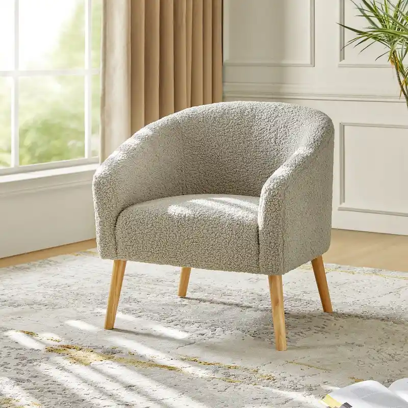 Modern 31W Boucle Armchair with Solid Wood Legs