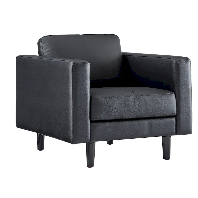 Genuine Leather Accent Chair, Black/Tan, Mid-Century Modern, High-Density Cushion, Seats 1