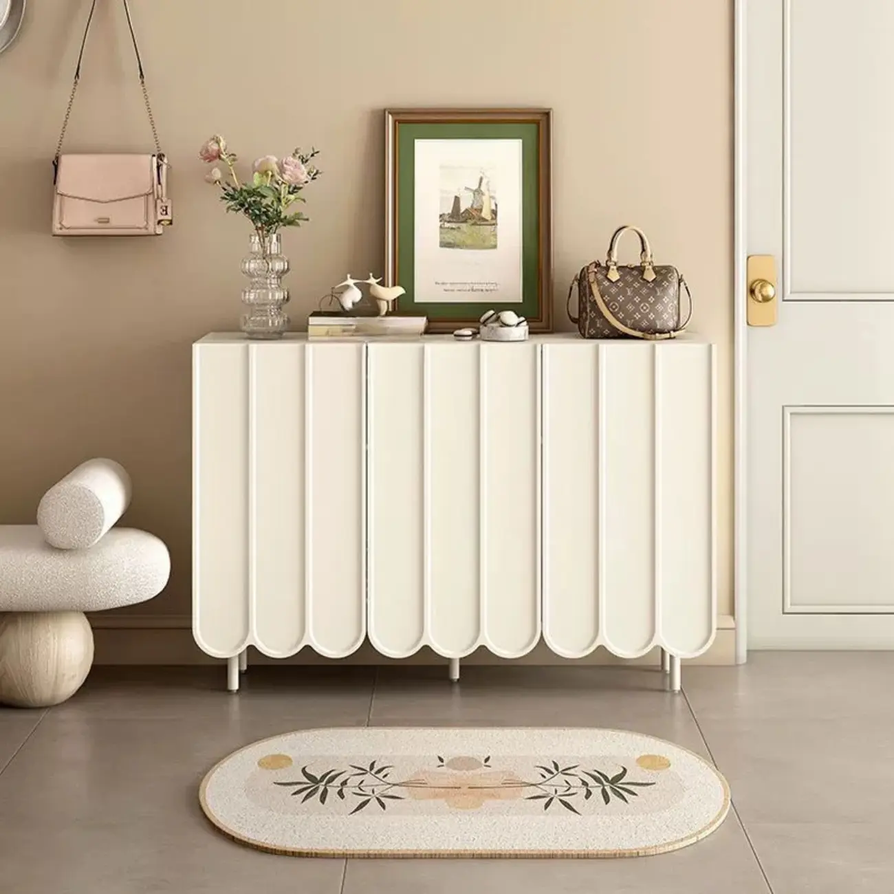 Entryway White Wooden Fluted Front Shoe Cabinet