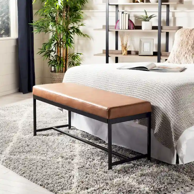 Grey / Brown Faux Leather Bench with Black Metal Legs