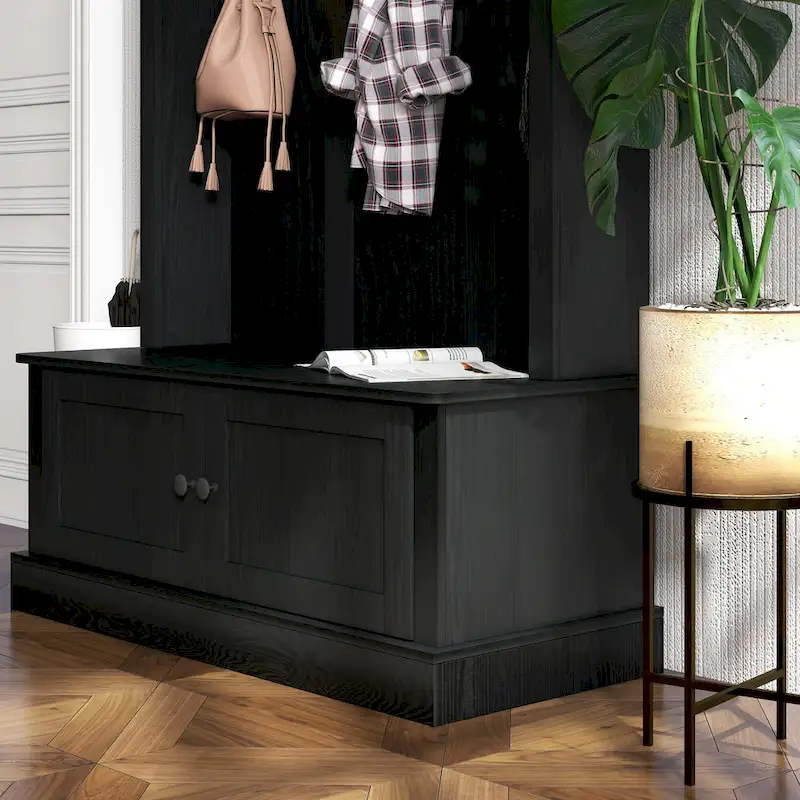 Freestanding Hall Tree, Entryway Bench with Coat Rack, Shoe Cabinet and Top Shelf