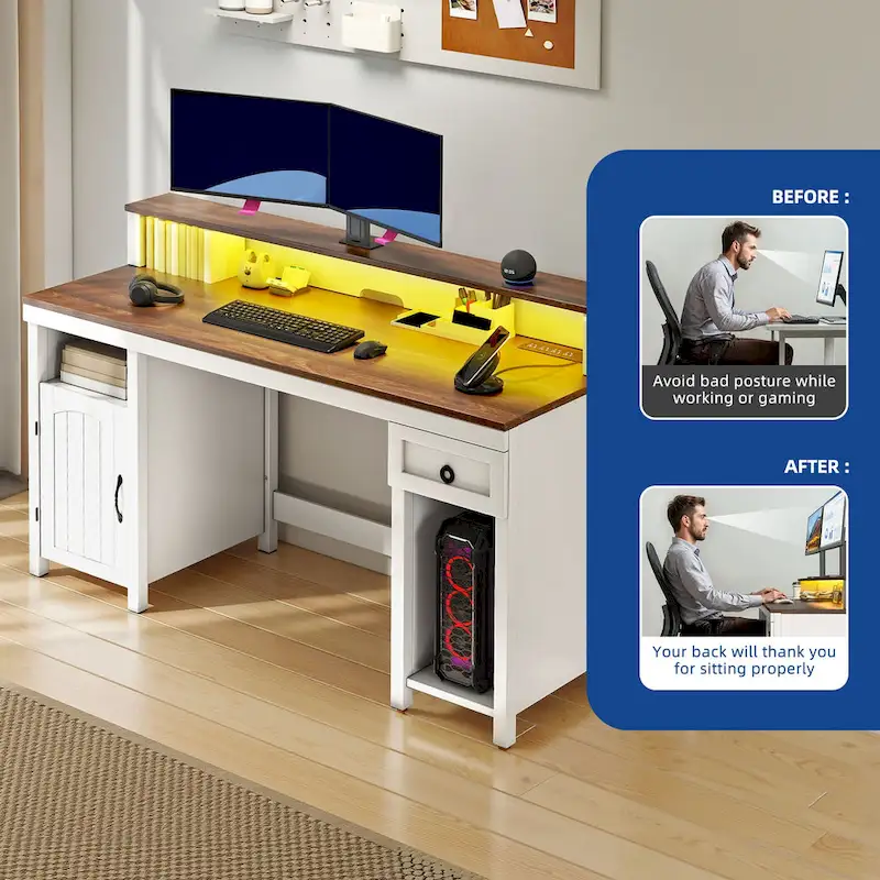 Farmhouse Wood Office Desk with Drawer and LED Strip & Power Outlets