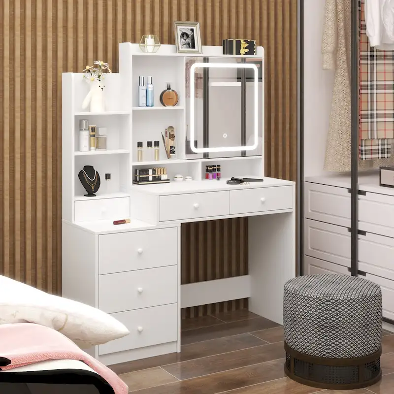 Vanity Makeup Table with Lighted Mirror and Drawers