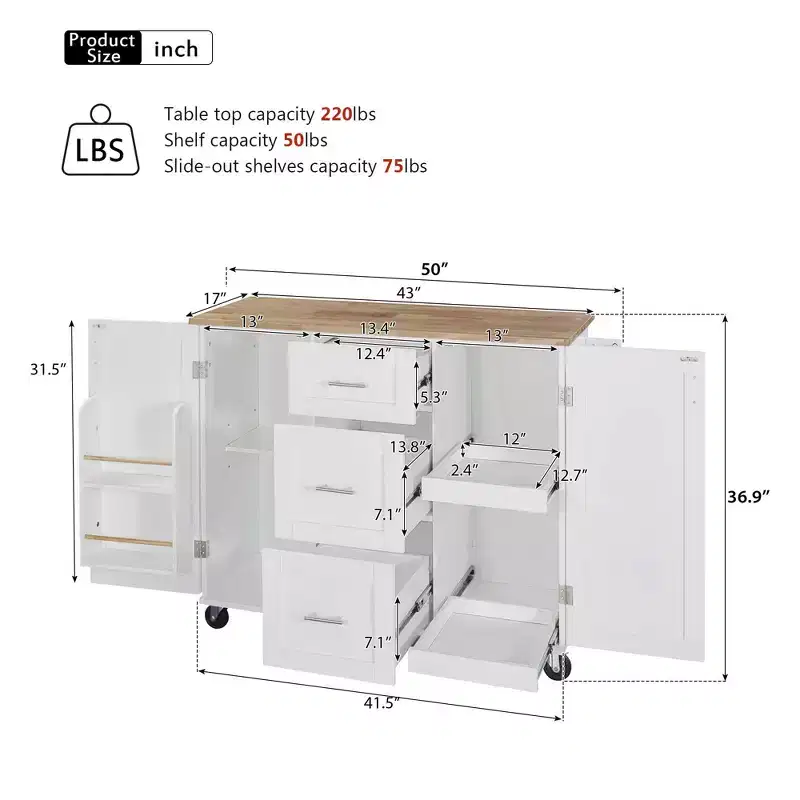 MAYEERTY Black Rolling Kitchen Island with Rubber Wood Top, 3 Drawers 2 Slide-Out Shelves Spice Rack Tower Rack