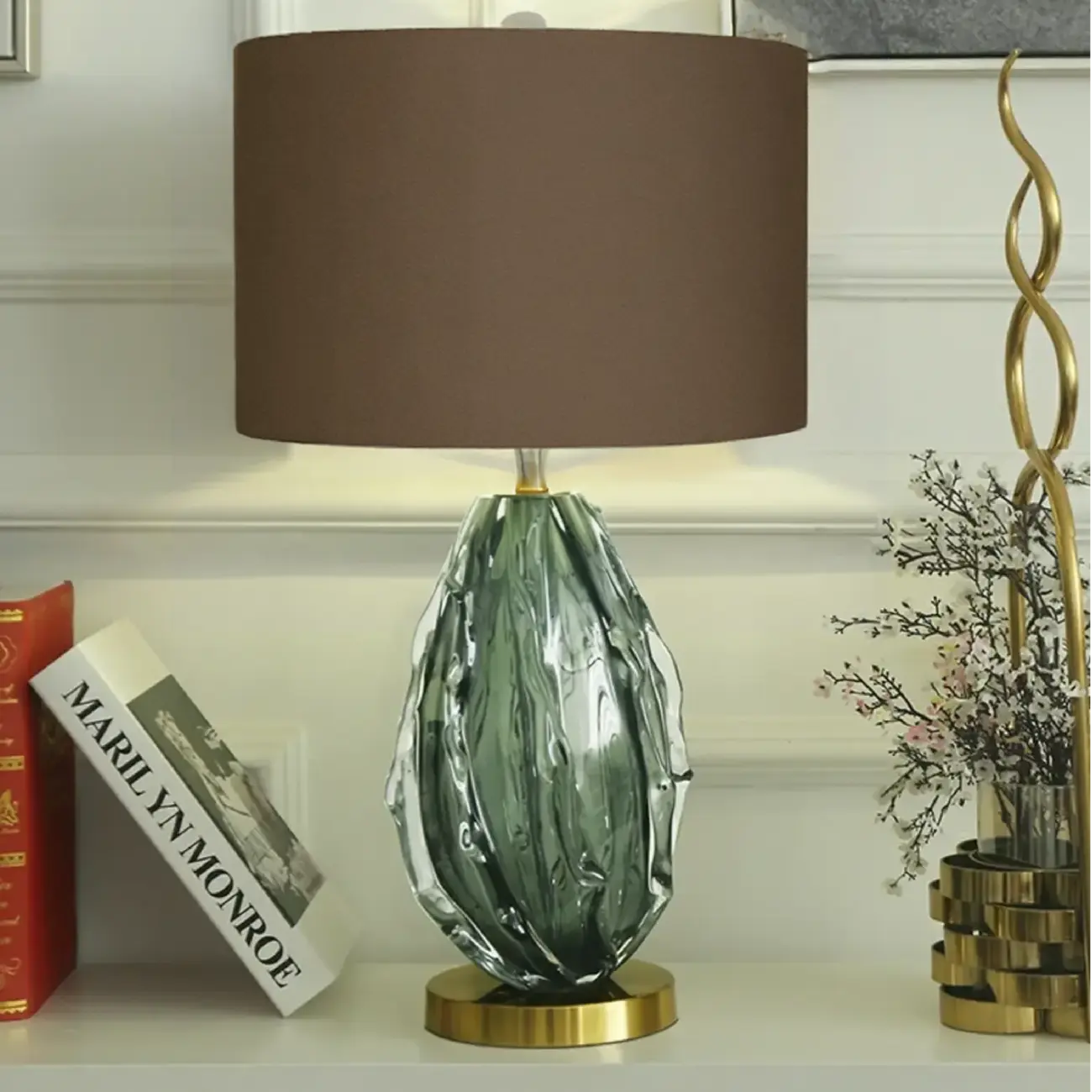 Modern Green Glass Table Lamp with Fabric Shape