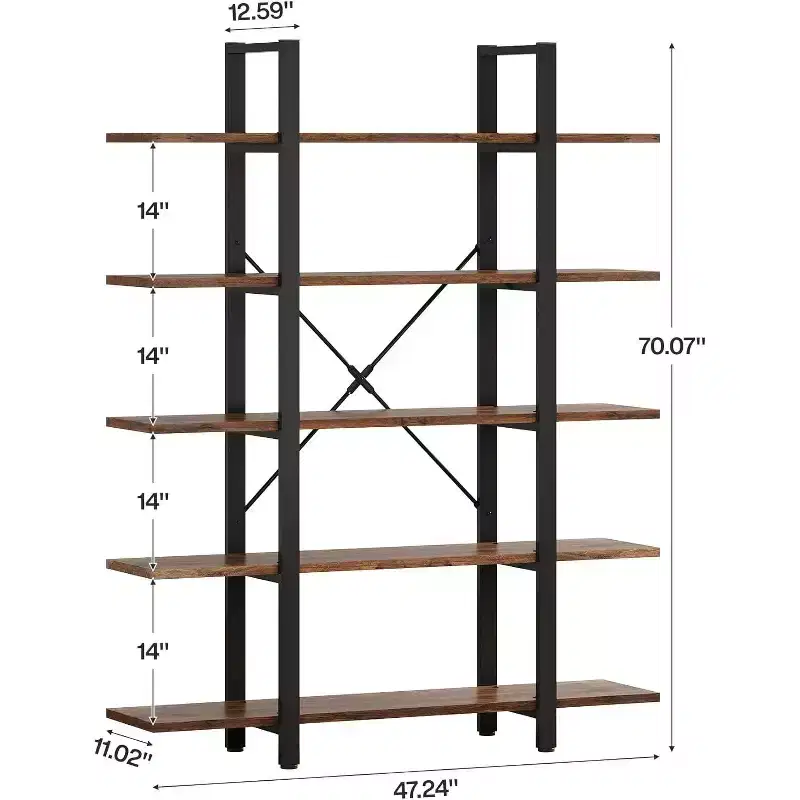Lantine 5-Tier Bookshelf, Industrial Bookcase, Vintage Tall Book Rack, 70 H x 11 D x 47 W, for Bedroom, Living Room, Home Office, Rustic Brown