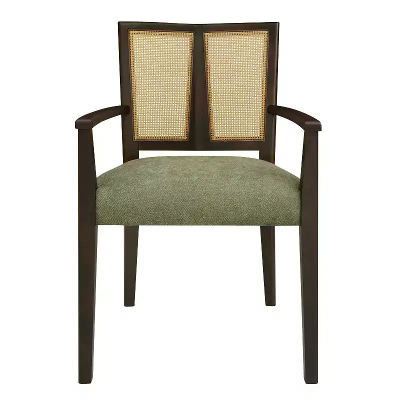 Beige/Dark Brown Upholstered Dining Arm Chairs with Rattan Back, Set of 2