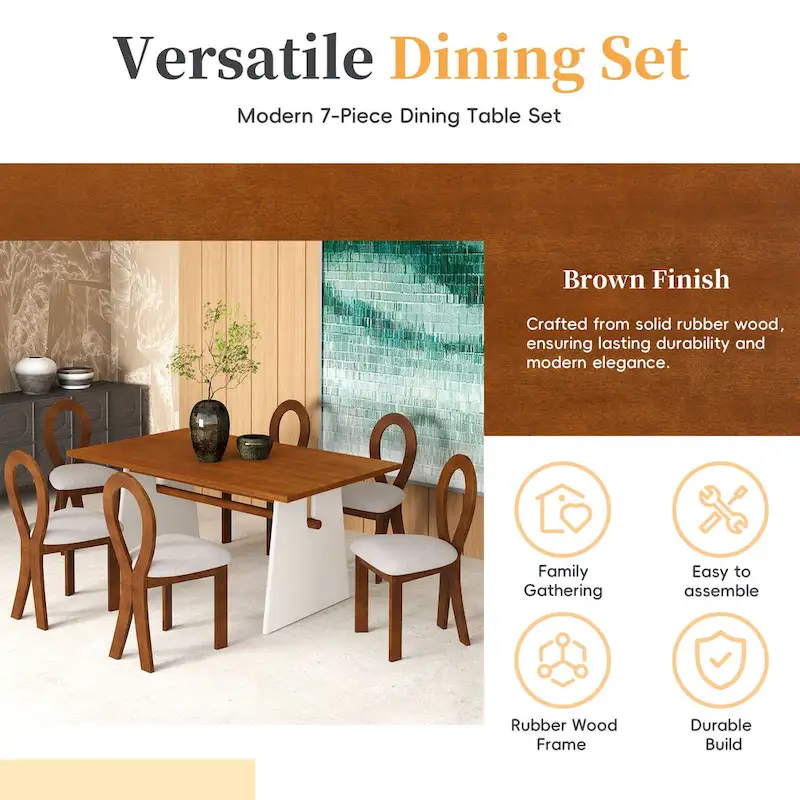 Modern 7-Piece Dining Table Set with 6 Upholstered Chairs