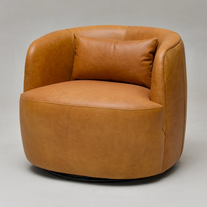 KINWELL Modern Top Grain Genuine Leather Swivel Armchair with Pillow
