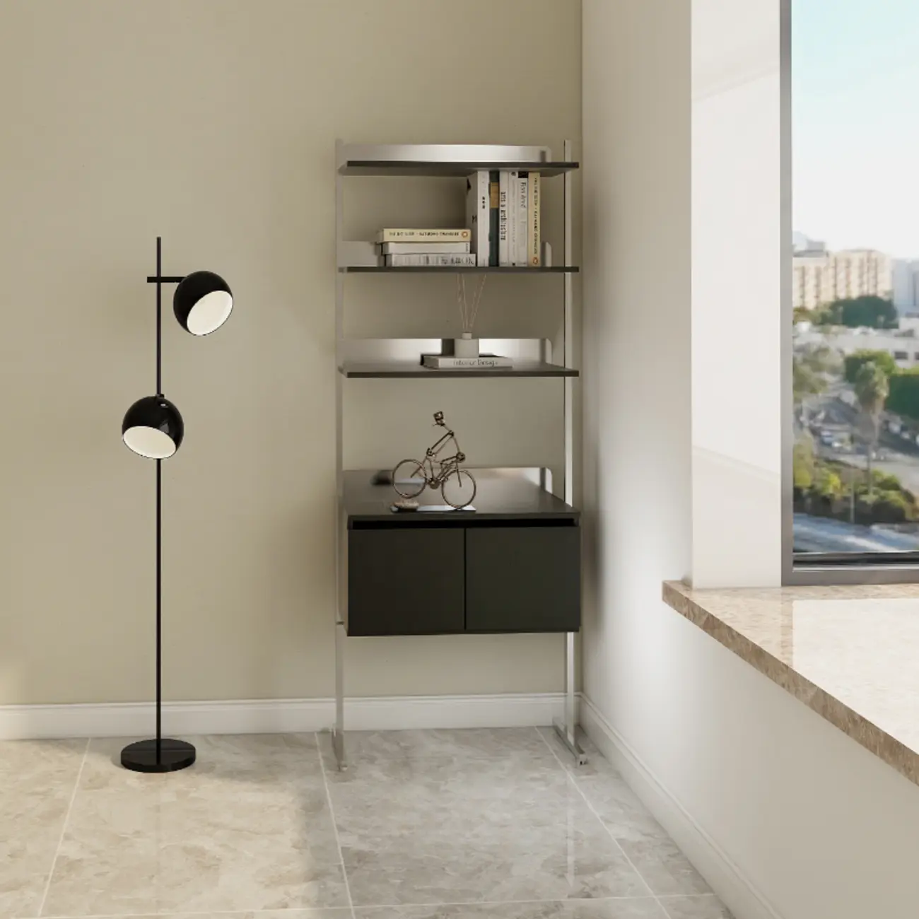 Modern Ladder Bookshelf with Storage Cabinet