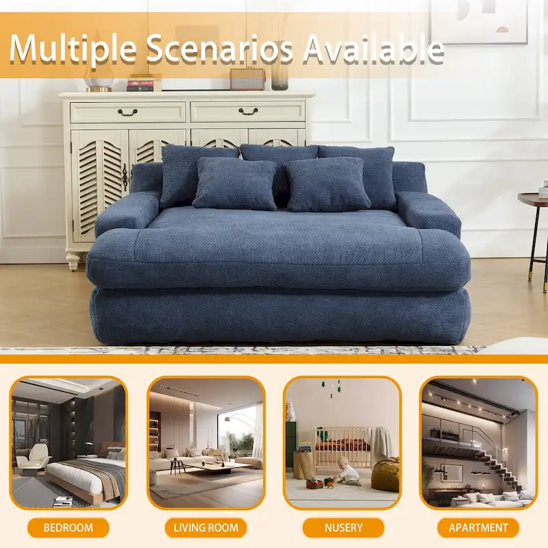 Chenille Upholstered 2-seater Deep Seat lazy sofa bed With 5 back pillows