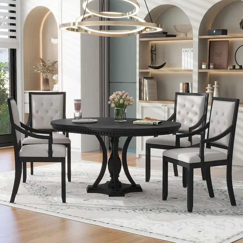 Black 5-Piece Wooden Dining Table Set with Extendable Round Table & 4 Armchairs