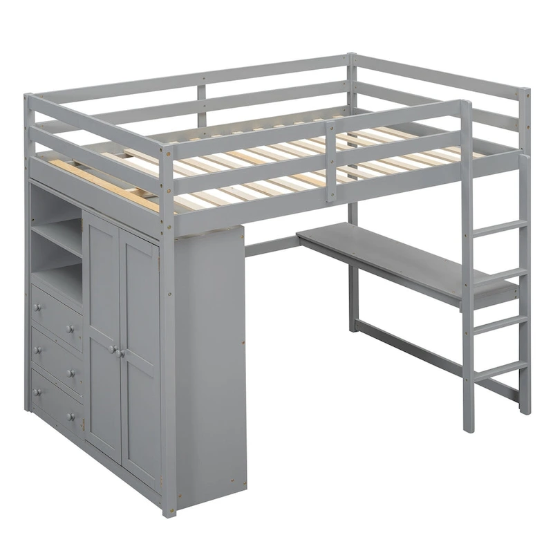 Gray Full Size Solid Wood Loft Bed with Built-in Wardrobe, Desk, Storage Shelves and Drawers