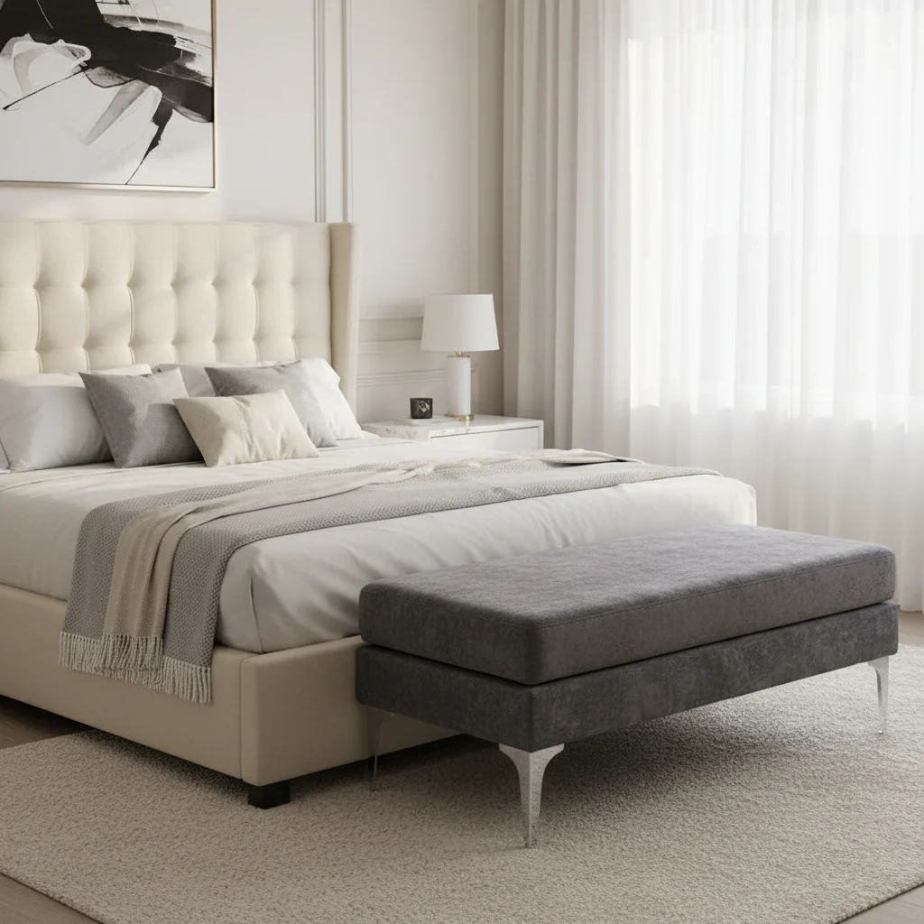 48 End of Bed Bench, Upholstered Entryway Bench with Double Layer Seat Cushions and Steel Legs, Bedroom Bench, Dark Gray