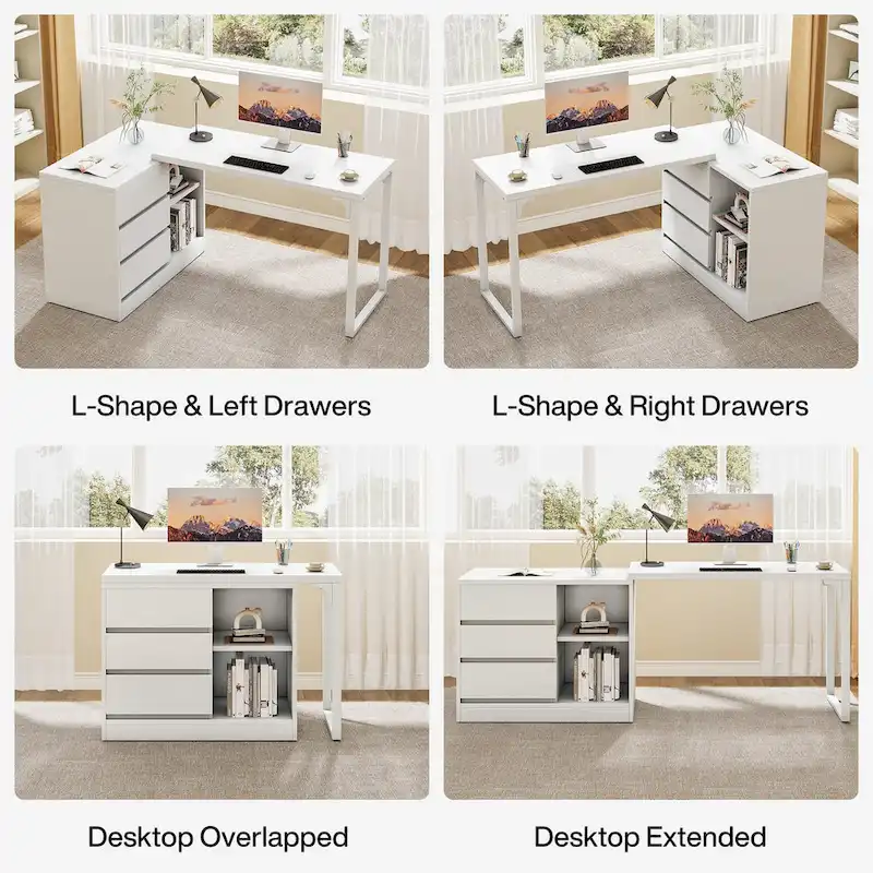 Versatile L-shaped White Computer Desk with Drawers and Shelves