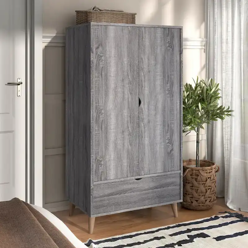 Minimalist Mid-Century Modern Distressed Grey 1-Drawer Wardrobe Armoire by