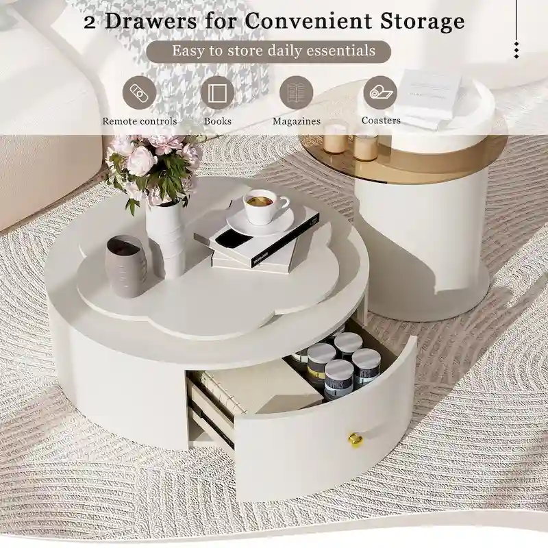 Modern Round Coffee Table Set of 2, 360-Degree Rotatable Flower-shaped Top with 2 Drawers, Top Circle Side Table with Glass