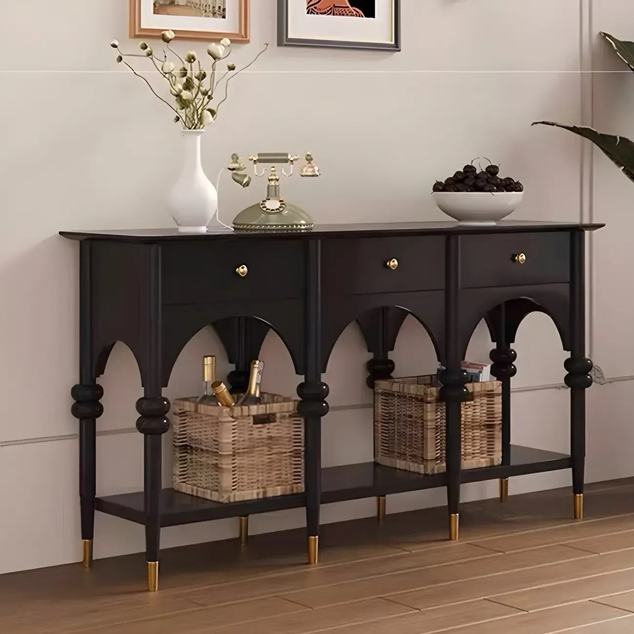 Rectangular Black Wood Console Table with Drawers