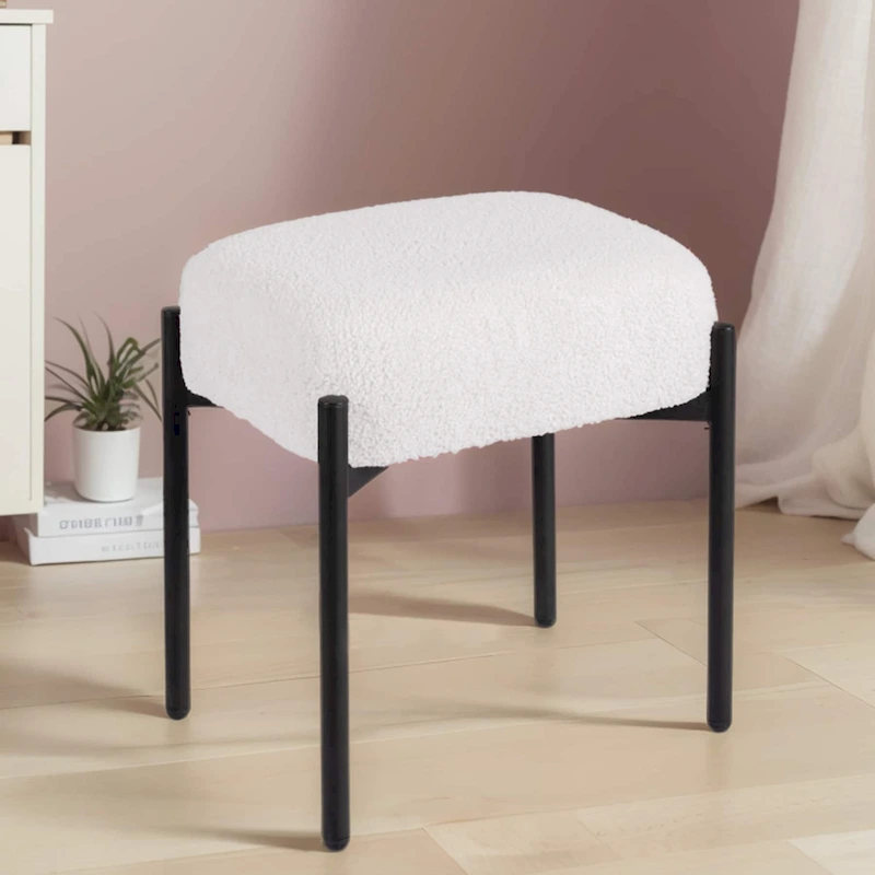 Faux Teddy Fur Round Vanity Stool, Ottoman Foot Stool