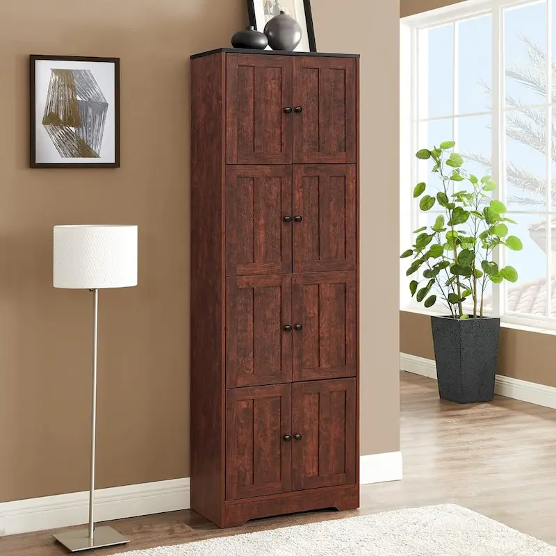 Tall Storage Cabinet with 8 Doors and 4 Shelves, Wall Storage Cabinet for Living Room, Kitchen, Office, Bedroom, Bathroom