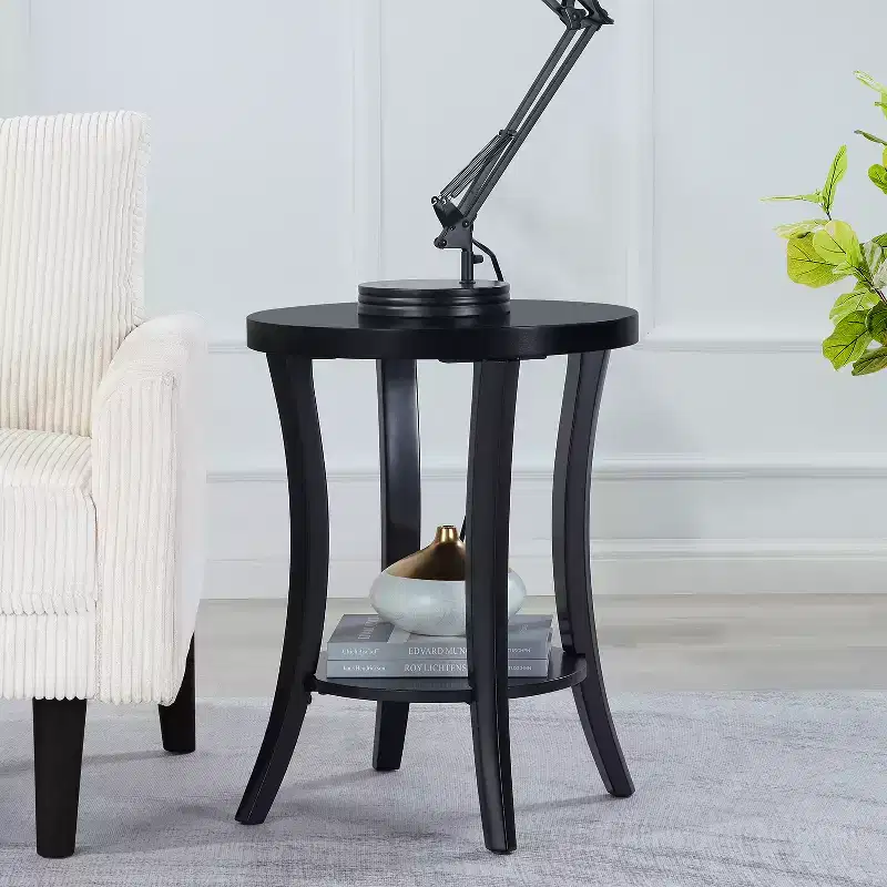 HomeStock Belmont Round End Table with Shelf Two-Tier Storage Accent Furniture with Curved Legs and Smooth Veneer Finish for Home