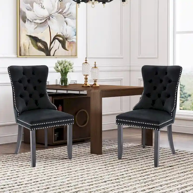 Velvet Modern Dining Chairs Set of 2, Upholstered Dining Side Chairs with Wood Legs, Nailhead Trim, Modern Dining Chairs - N/A