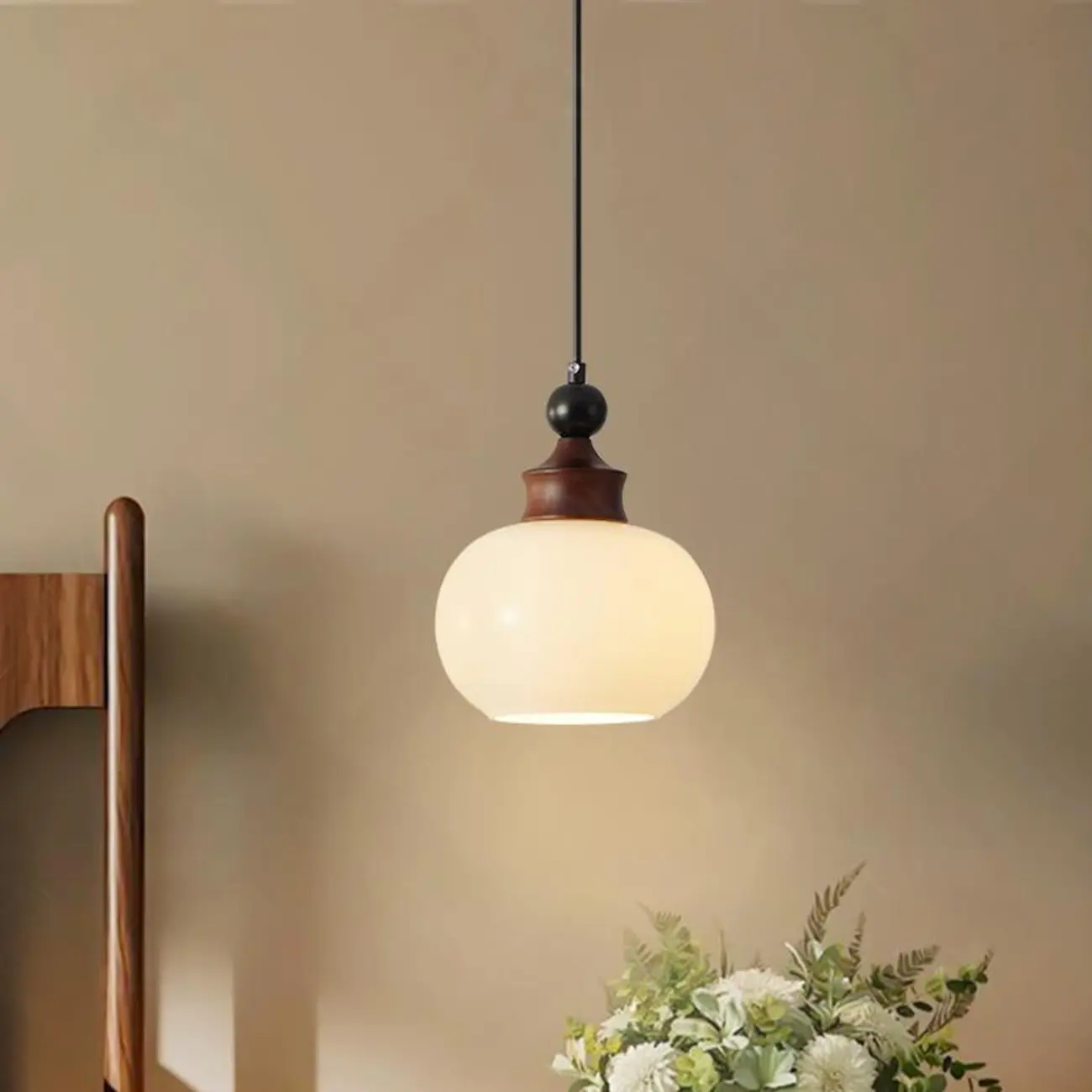 Dimmable Beige Wood Glass Globe Pendant Light