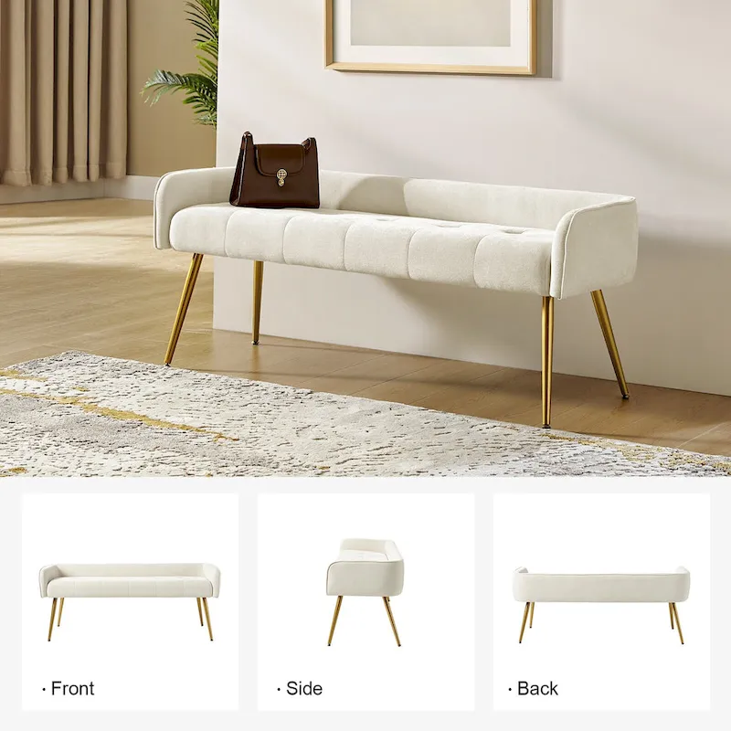Luis Modern Upholstered Low Back Bench with Sturdy Golden Metal Tapered Leg by HULALA HOME