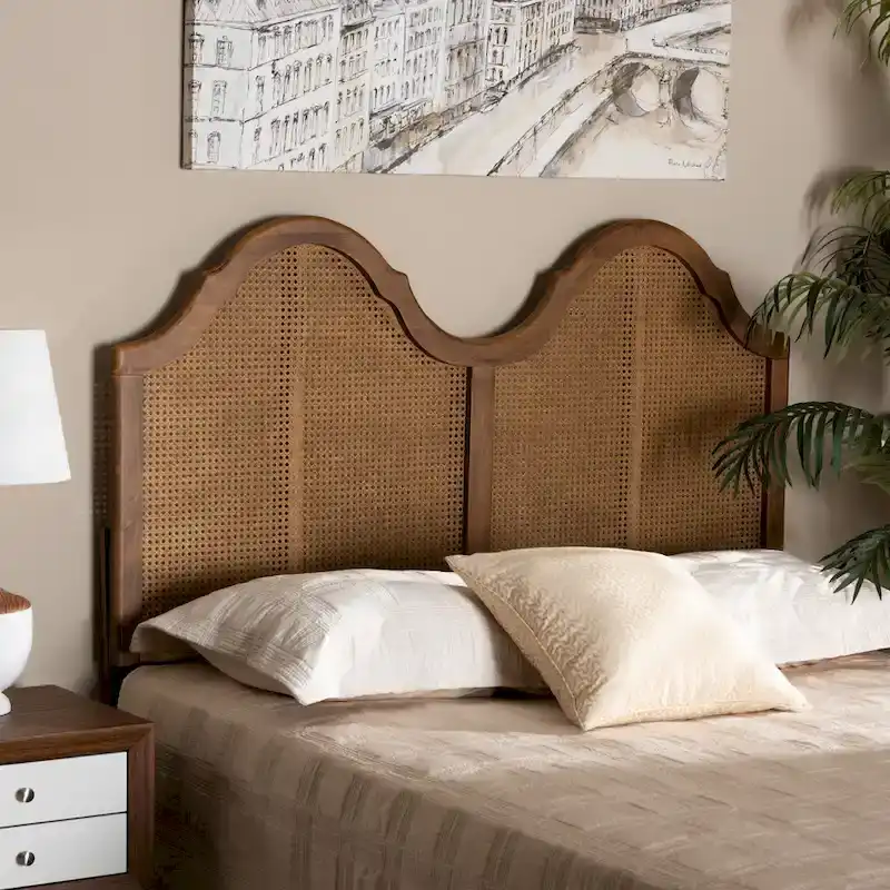 Hazel Ash Walnut Wood and Synthetic Rattan Arched Headboard