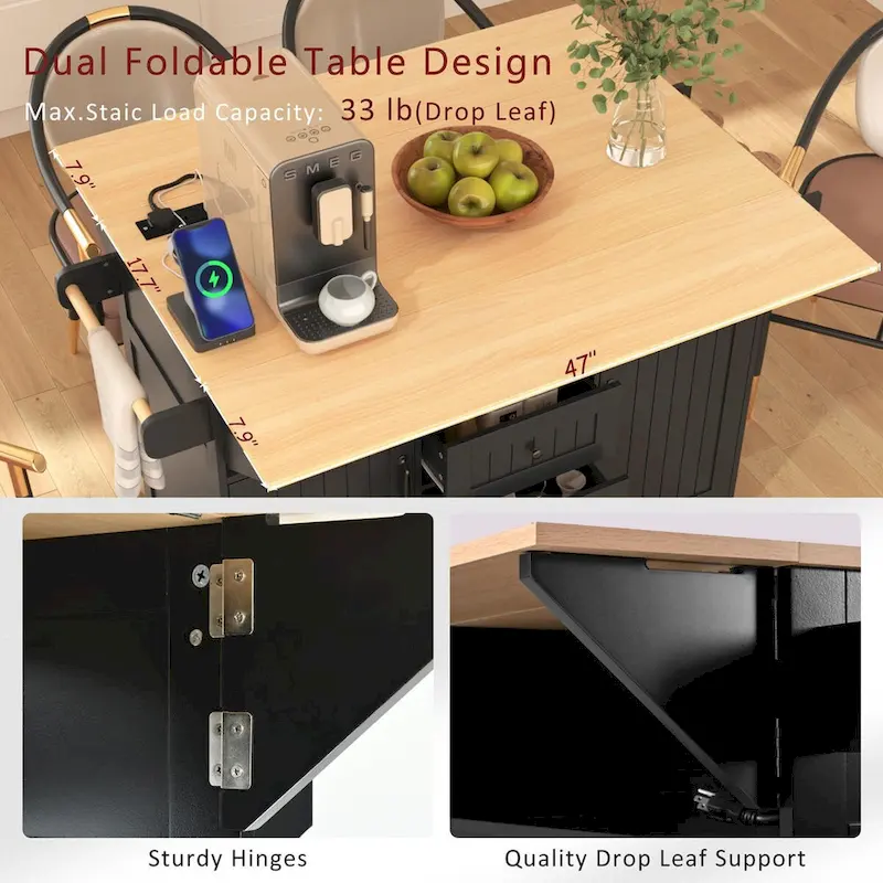 55.7Kitchen Island,2 Drop Leaf,Rolling Kitchen Cart on 5 Wheels,Power Outlet,Folding Dining Table,Spice & Towel Rack,3 Drawers